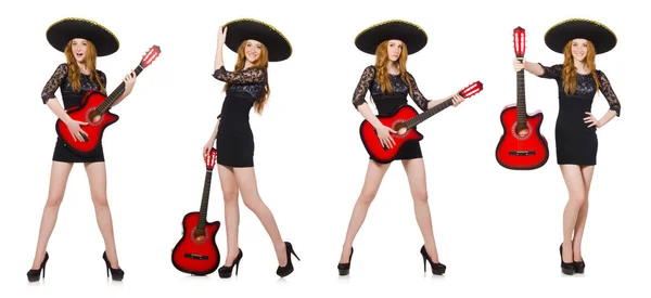 Woman in sombrero hat with guitar — Stock Photo, Image