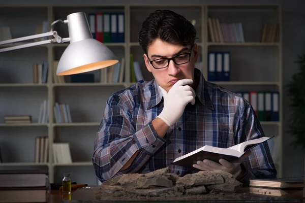 Arkeolog arbetar sent på kvällen på kontoret — Stockfoto