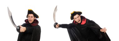 Tricorn ve beyaz izole ceket giyen genç adam