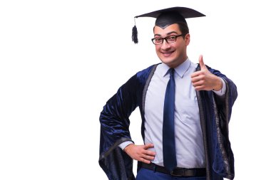 Mezun olan genç bir öğrenci beyazlar içinde.