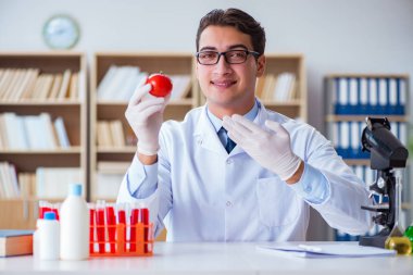 Bilim adamı organik meyve ve sebzeler üzerinde çalışıyor.