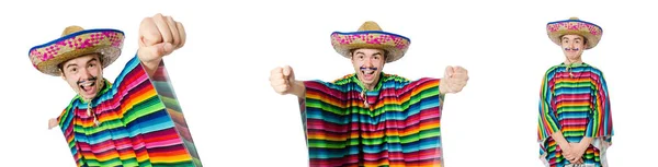 Grappige jonge Mexicaanse met valse snor geïsoleerd op wit — Stockfoto