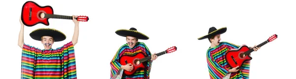 有趣的年轻墨西哥与吉他上白色孤立 — 图库照片