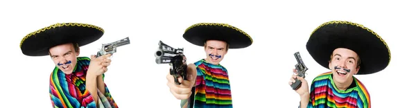 Funny young mexican with gun isolated on white — Stock Photo, Image