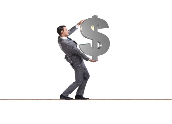 Businessman walking tightrope with dollar sign — Stock Photo, Image