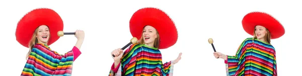 Linda chica en poncho mexicano cantando aislada sobre blanco —  Fotos de Stock