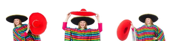 メキシコのポンチョを白で隔離でかわいい女の子 — ストック写真