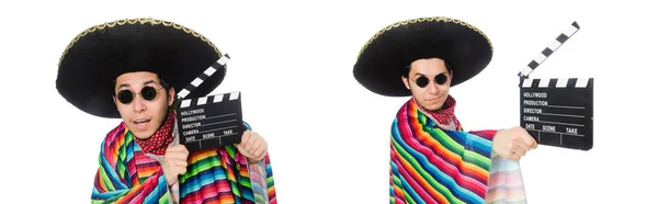 Zabawny meksykańskie w Ponczo z klapy deska na białym tle — Zdjęcie stockowe