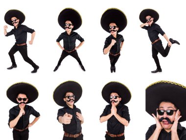 Meksika şapkası takan komik bir adam beyaz şapkalı.