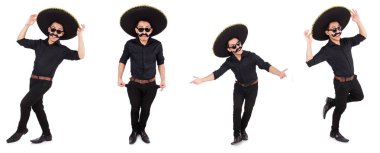 Meksika şapkası takan komik bir adam beyaz şapkalı.