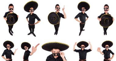 Meksika şapkası takan komik bir adam beyaz şapkalı.