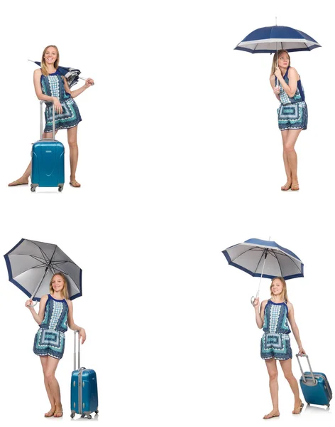 Κολάζ της γυναίκας με ομπρέλα και βαλίτσα — Φωτογραφία Αρχείου