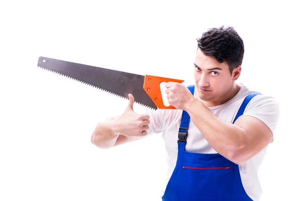 Hombre reparador con sierra de mano sobre fondo blanco aislado — Foto de Stock