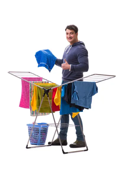 Férj férfi csinál mosoda elszigetelt fehér — Stock Fotó