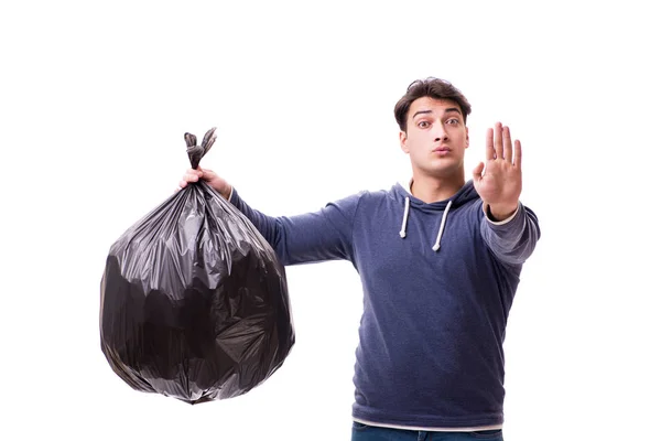 Hombre con saco de basura aislado en blanco —  Fotos de Stock