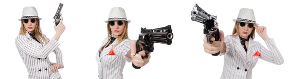 Bella ragazza in possesso di pistola a mano isolato su bianco — Foto Stock