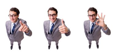 Komik işadamı beyaz izole sanal düğmelere basarak