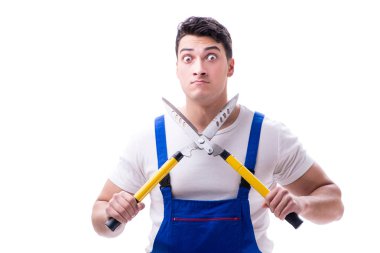 Adam bahçıvan beyaz zemin üzerine Bahçe makası ile izole