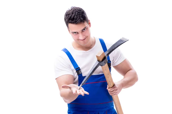 Man with a digging axe hoe on white background isolated — Stock Photo, Image