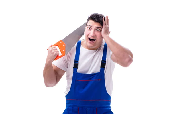 Man repairman with hand saw on white background isolated — Stock Photo, Image