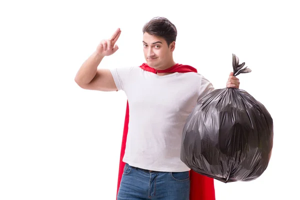 Superhéroe hombre con saco de basura aislado en blanco —  Fotos de Stock