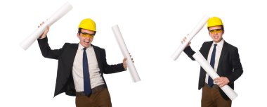 Beyaz üzerine çizimler yapan komik bir mimar.