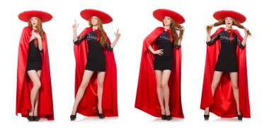 Kırmızı elbiseli Meksikalı kadın beyaz üzerine