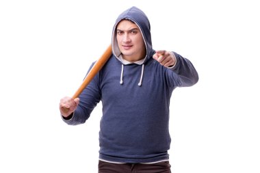 Beyazda beysbol sopası olan genç bir holigan.