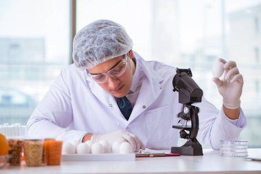 Besin uzmanı gıda ürünlerini laboratuarda test ediyor.