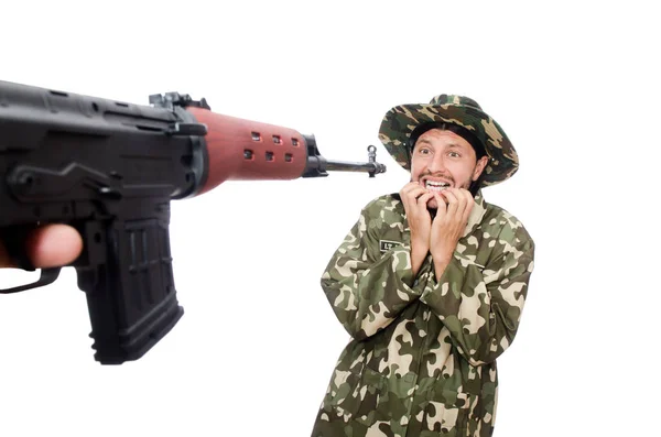 Asker beyaz izole silah ile — Stok fotoğraf