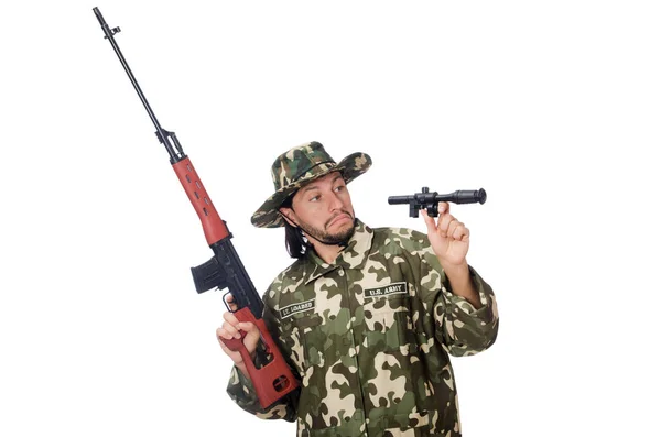 Soldado con armas aisladas en blanco — Foto de Stock