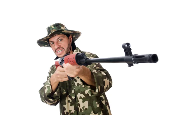 Солдат с оружием, изолированным на белом — стоковое фото