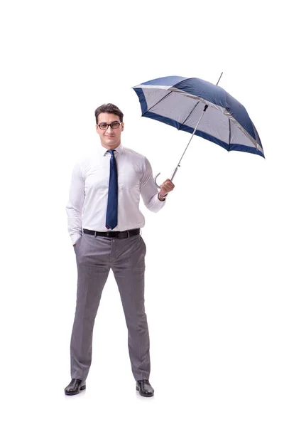 Young businessman with umbrella isolated on white — Stock Photo, Image