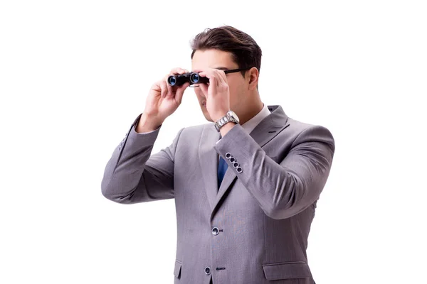 白で隔離された双眼鏡を持つ若い男 — ストック写真