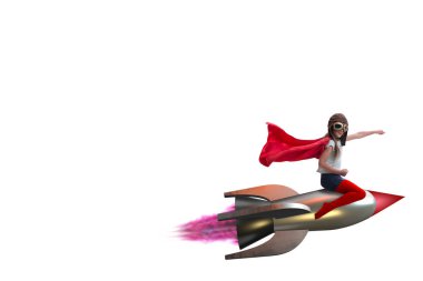 Süper kahraman kavramında küçük bir kız roket uçuruyor.