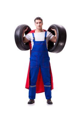 Lastik izole edilmiş beyaz arka planı olan süper kahraman.