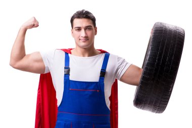 Lastik izole edilmiş beyaz arka planı olan süper kahraman.