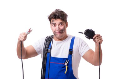 Beyaz üzerine izole komik elektrikçi