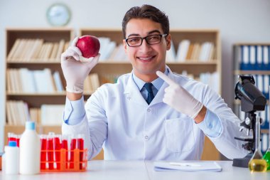 Bilim adamı organik meyve ve sebzeler üzerinde çalışıyor.