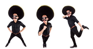 Meksika şapkası takan komik bir adam beyaz şapkalı.