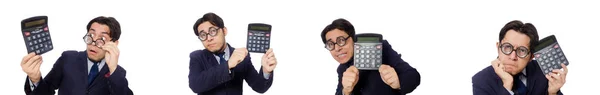 Homme drôle avec calculatrice isolé sur blanc — Photo