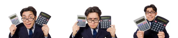 Homem engraçado com calculadora isolada em branco — Fotografia de Stock