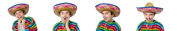Смешной молодой мексиканец с фальшивыми усами, изолированный на белом — стоковое фото