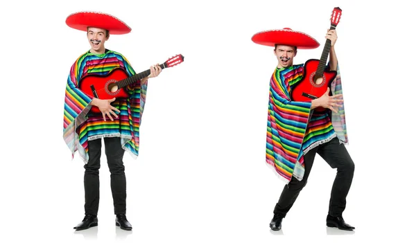 Engraçado jovem mexicano com guitarra isolada em branco — Fotografia de Stock