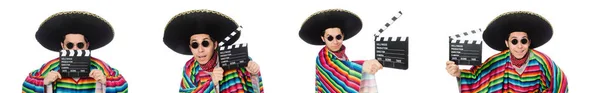 Funny mexicano en poncho con clapper-board aislado en blanco — Foto de Stock