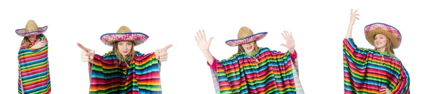 Menina bonita no poncho mexicano isolado no branco — Fotografia de Stock