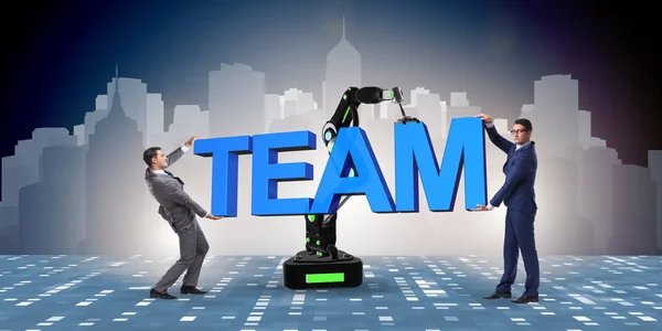 実業家とロボット アームのチームワークの概念 — ストック写真