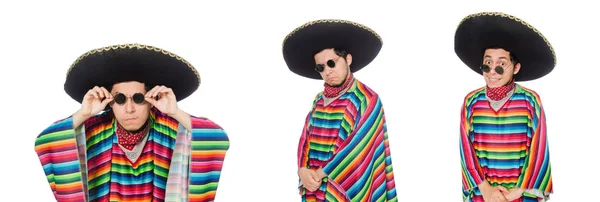 Mexicano engraçado usando poncho isolado no branco — Fotografia de Stock