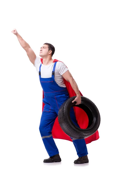 Superhero man with tyre isolated white background — Stock Photo, Image