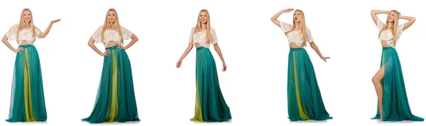 Kobieta koncepcja moda w zielonej sukni na białym — Zdjęcie stockowe